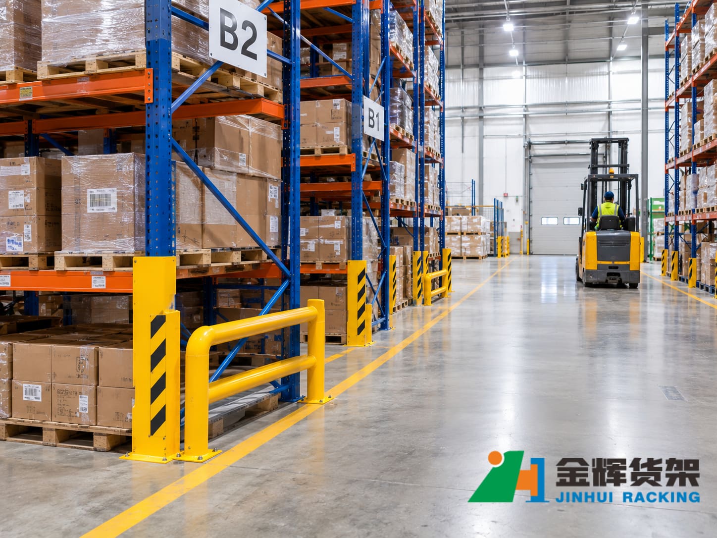 Industrial warehouse pallet racking with yellow upright protectors and rack end safety barriers positioned beside forklift aisles Industrial warehouse pallet racking with yellow upright protectors and rack end safety barriers positioned beside forklift aisles
